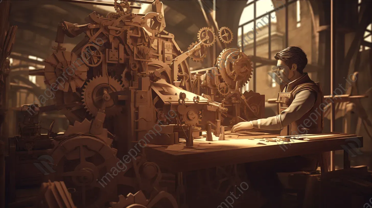 Sepia-toned low poly steampunk inventor at a workbench - Image 3