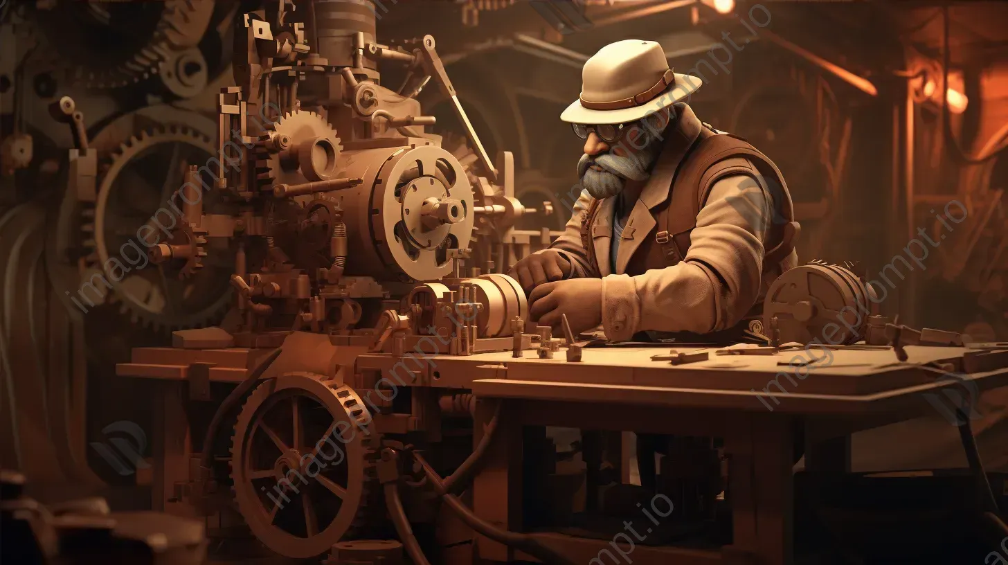 Sepia-toned low poly steampunk inventor at a workbench - Image 4