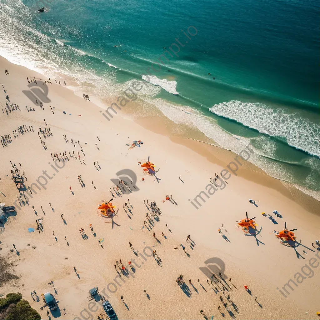 Beach aerial view with helicopters providing surveillance, coastline scene - Image 1