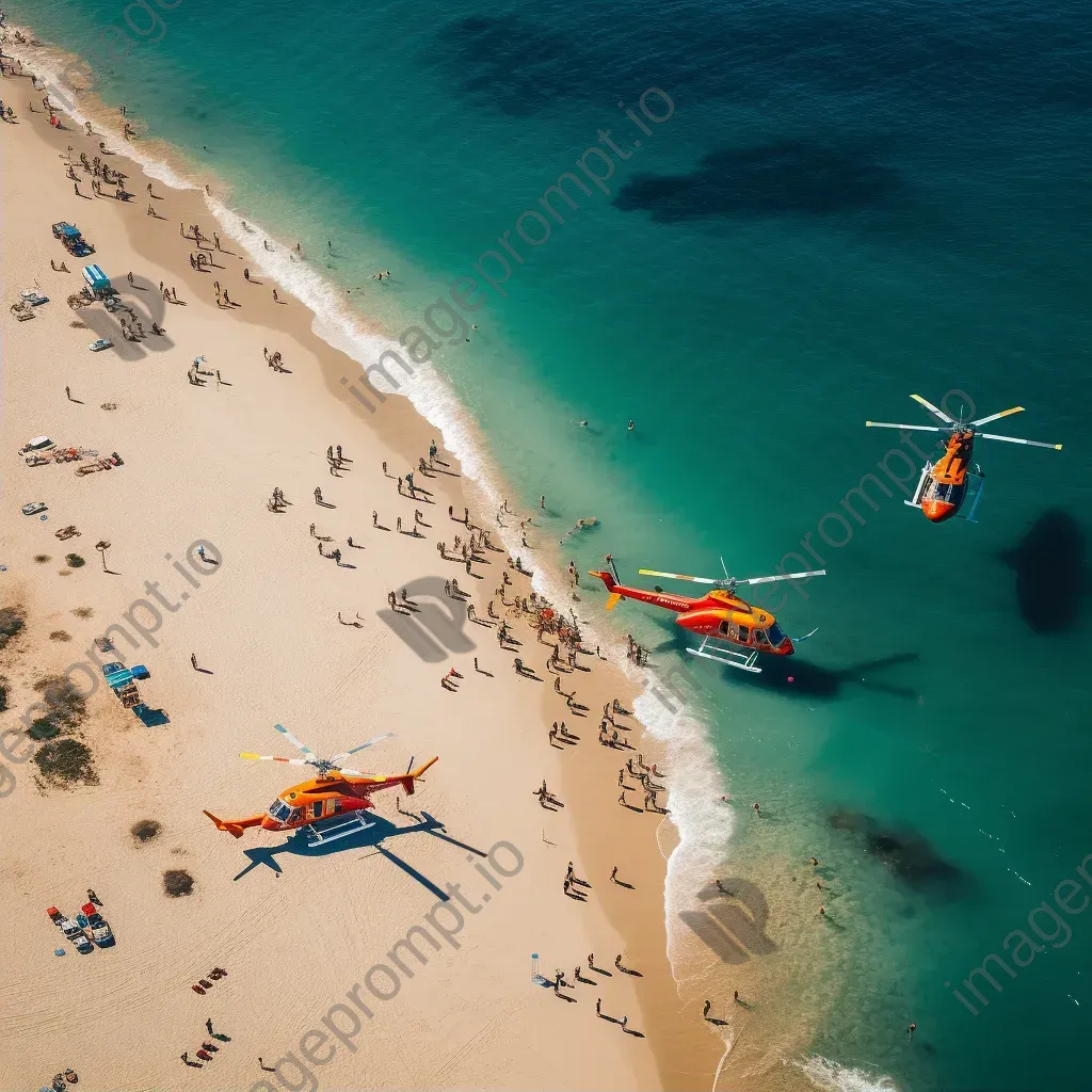 Beach aerial view with helicopters providing surveillance, coastline scene - Image 2