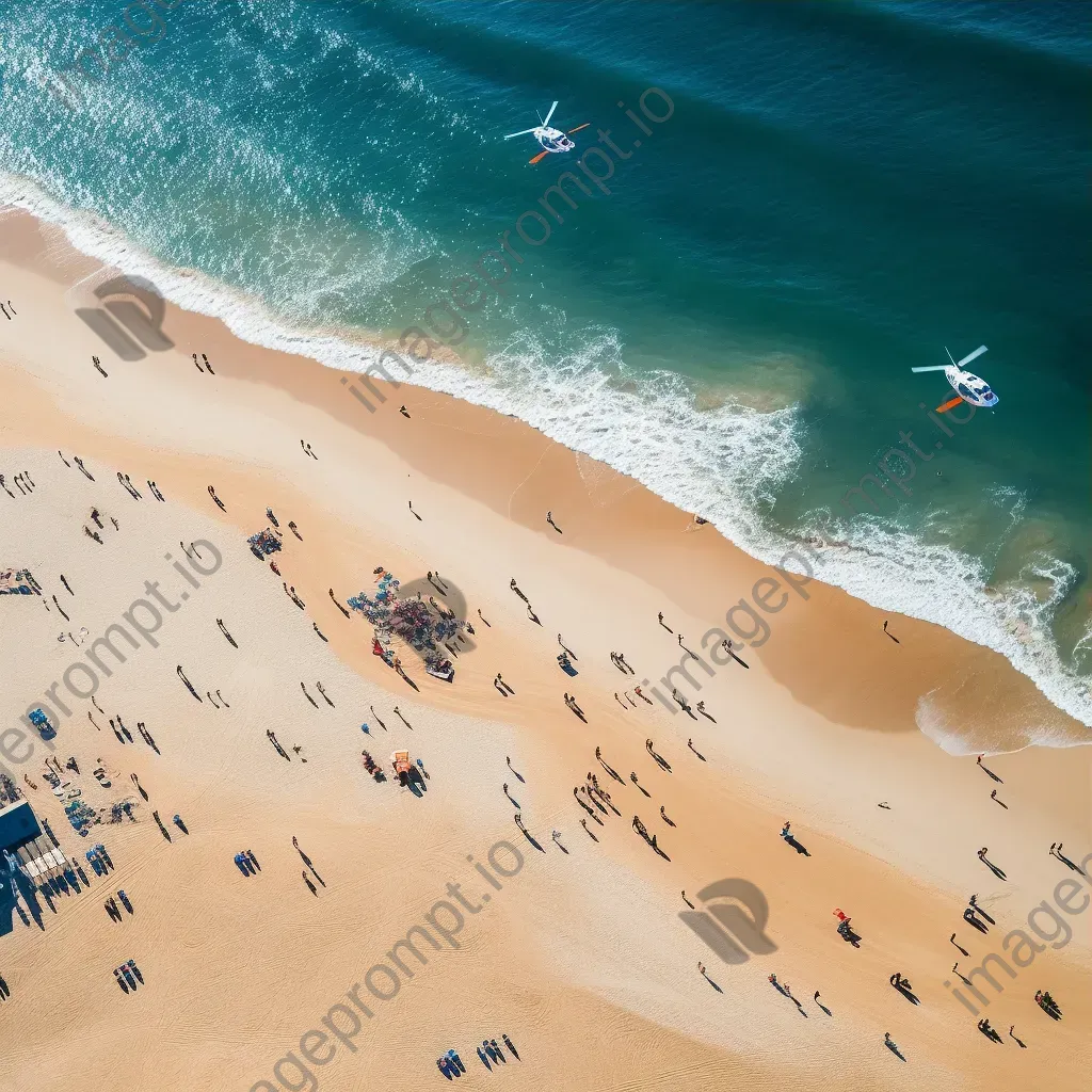 Beach aerial view with helicopters providing surveillance, coastline scene - Image 3