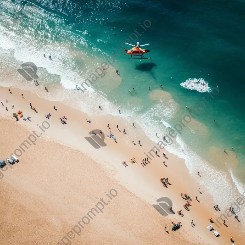 Beach aerial view with helicopters providing surveillance, coastline scene - Image 4