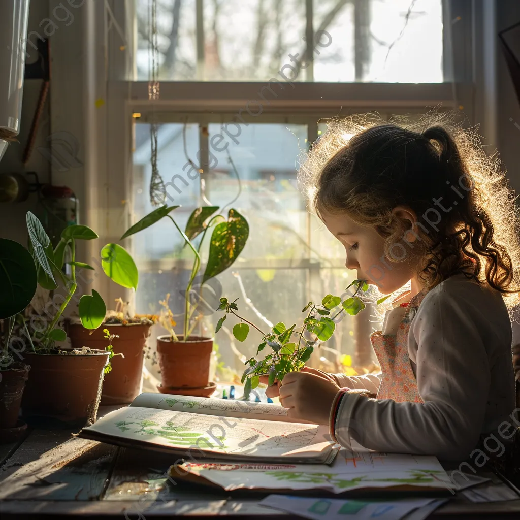 Elementary student documenting a plant growth experiment in sunlight. - Image 1