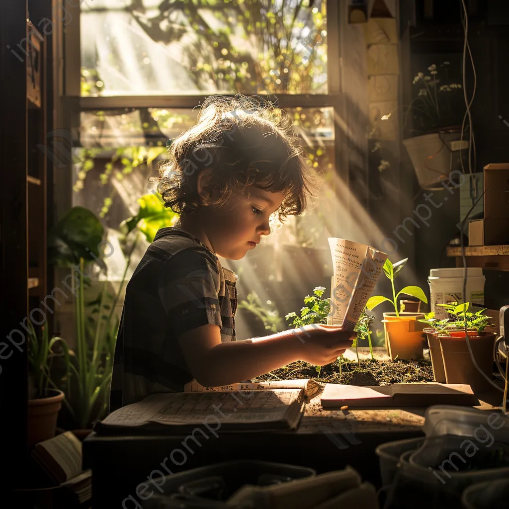 Elementary student documenting a plant growth experiment in sunlight. - Image 3