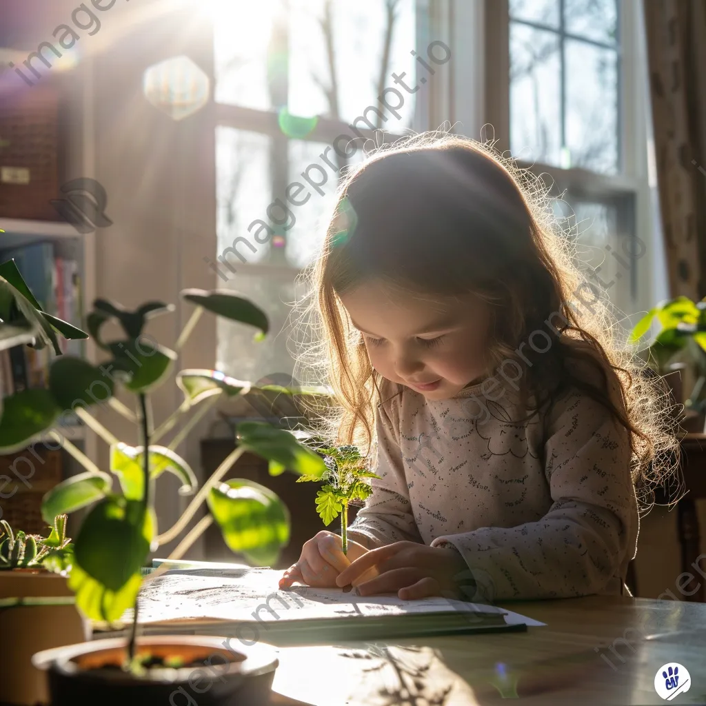 Elementary student documenting a plant growth experiment in sunlight. - Image 4