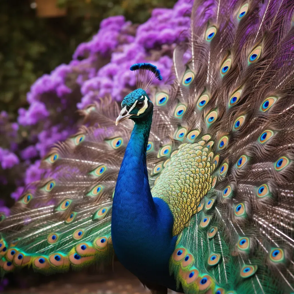 Peacock with vibrant plumage in a botanical garden - Image 1