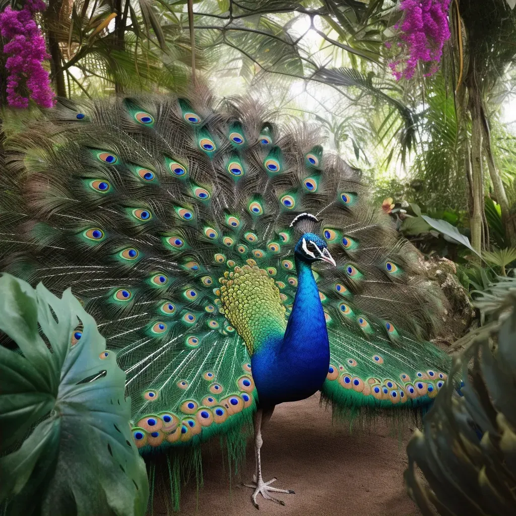 Peacock with vibrant plumage in a botanical garden - Image 2