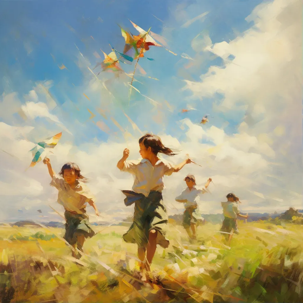 Children flying kites on sunny day in open field - Image 1