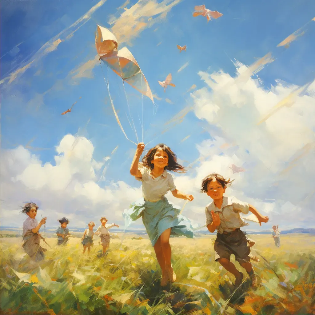 Children flying kites on sunny day in open field - Image 2