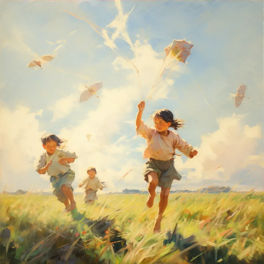 Children flying kites on sunny day in open field - Image 3