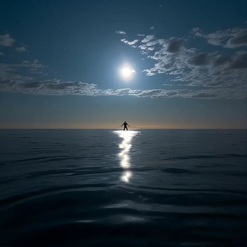 Person floating above ocean under full moon - Image 1