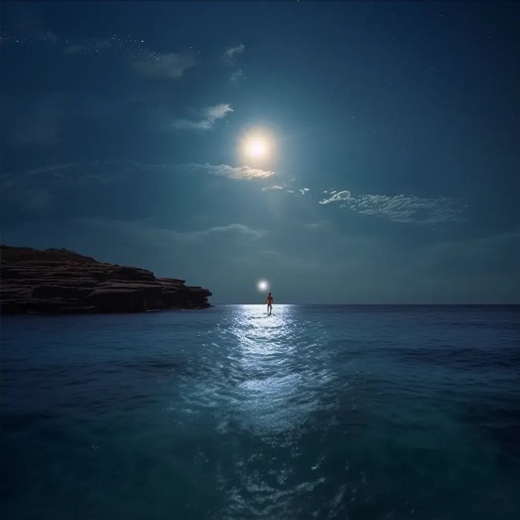 Person Floating above Ocean under Full Moon