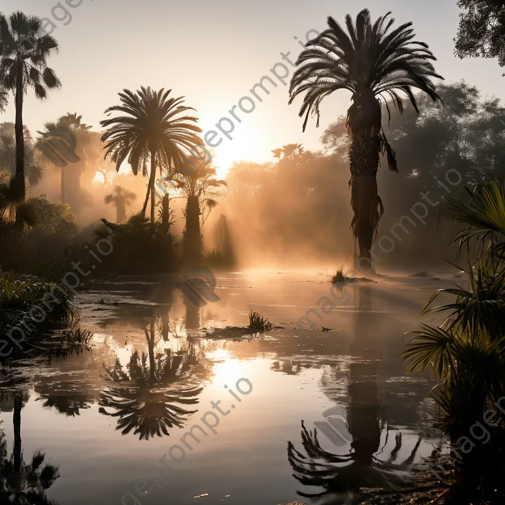 Morning mist over a desert oasis - Image 1