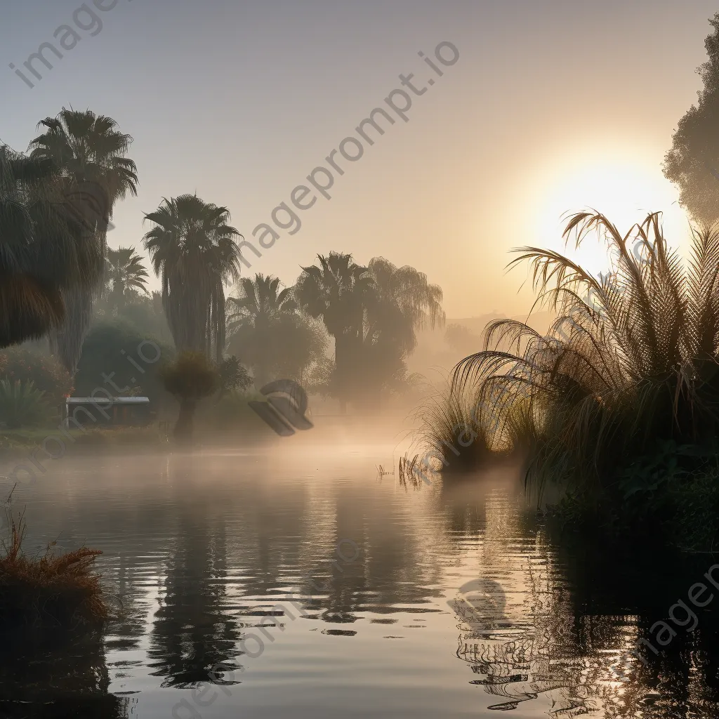 Morning mist over a desert oasis - Image 3