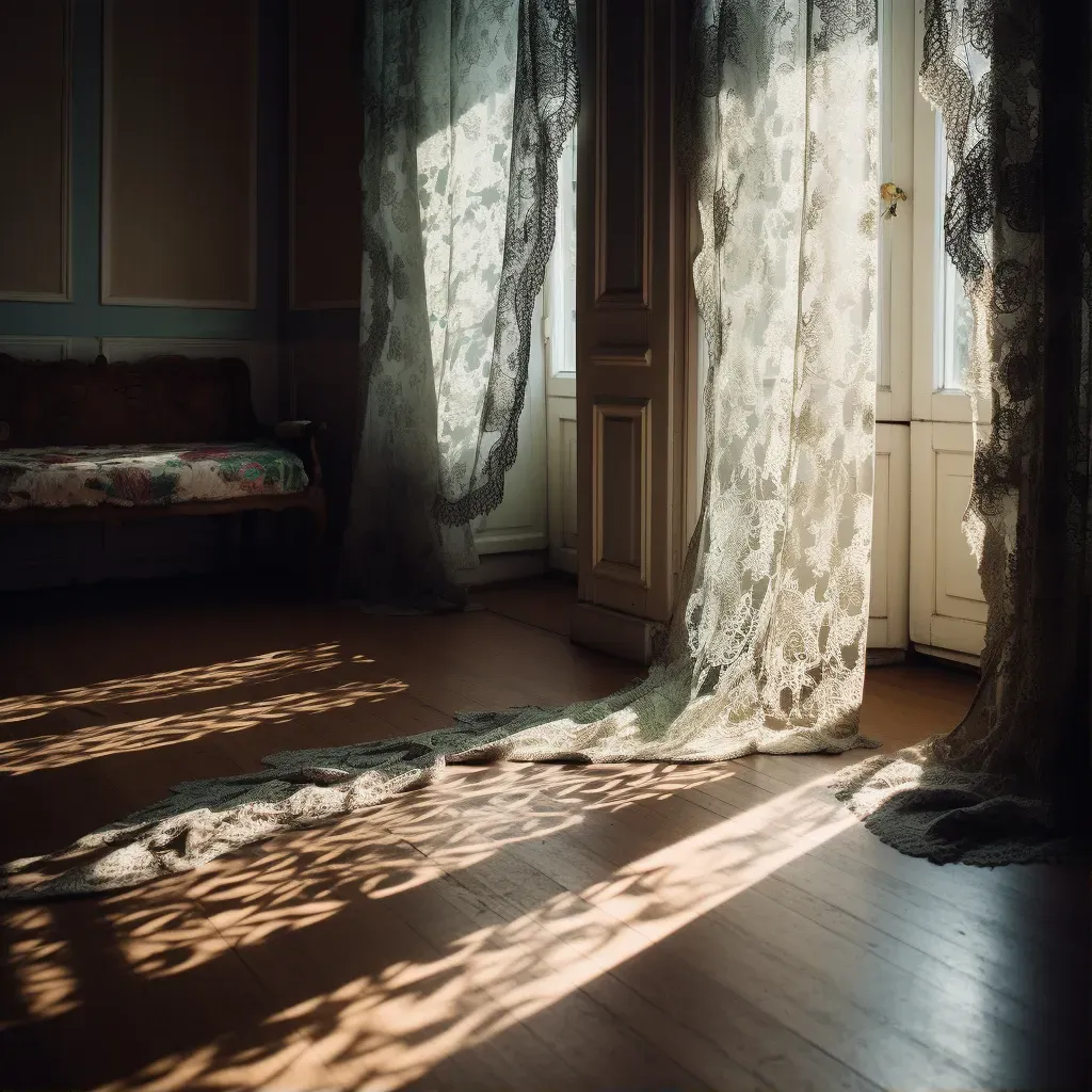 Intricate lace curtain shadows on a sunlit floor - Image 1