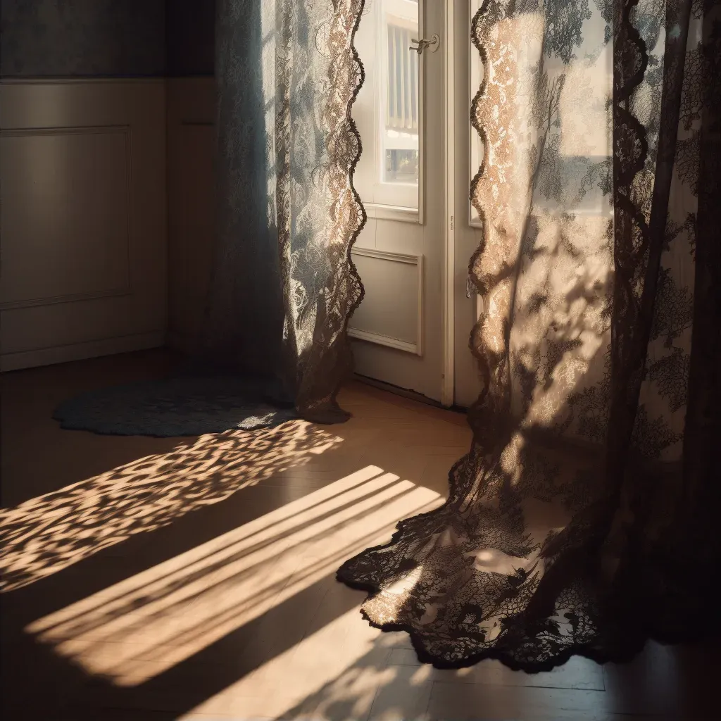 Intricate lace curtain shadows on a sunlit floor - Image 2