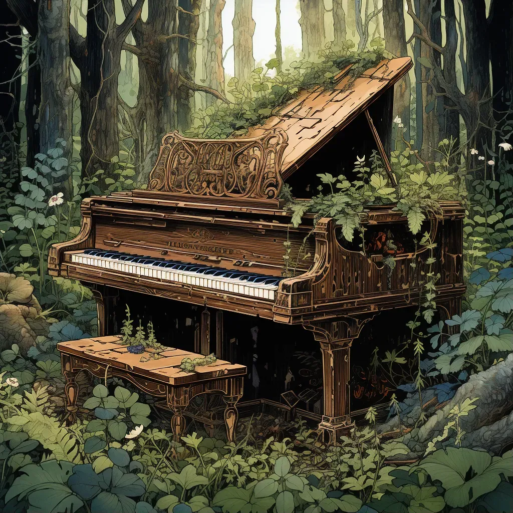 Decaying grand piano surrounded by wildflowers in a lush forest - Image 1