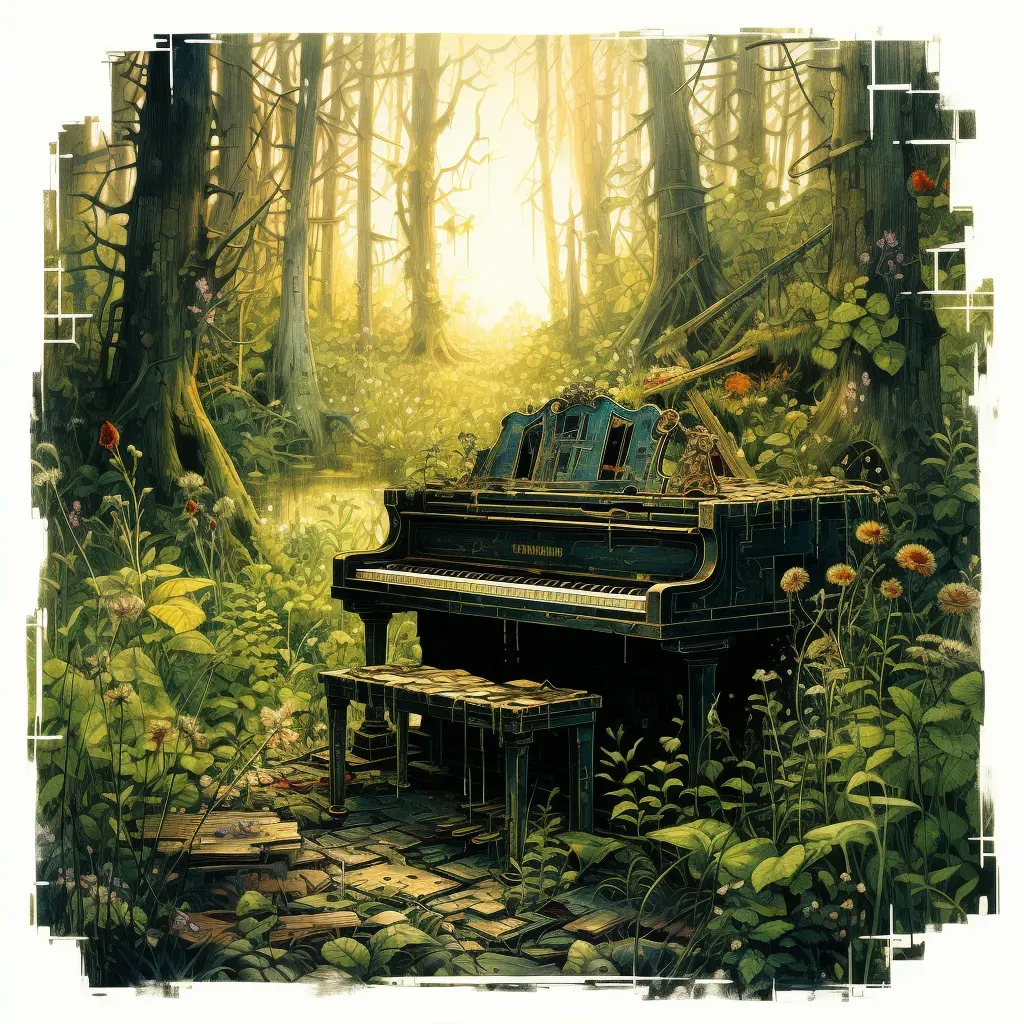 Decaying grand piano surrounded by wildflowers in a lush forest - Image 2