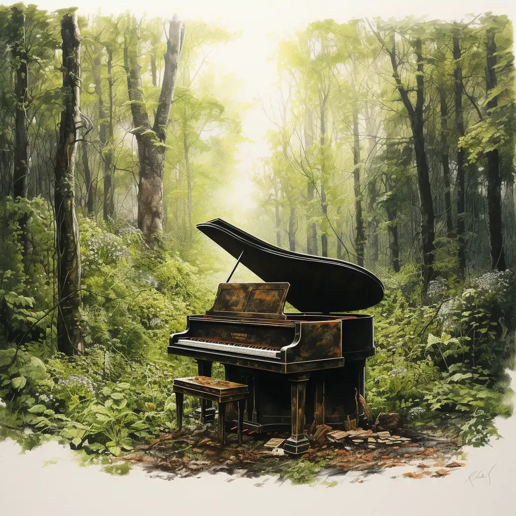 Decaying grand piano surrounded by wildflowers in a lush forest - Image 3