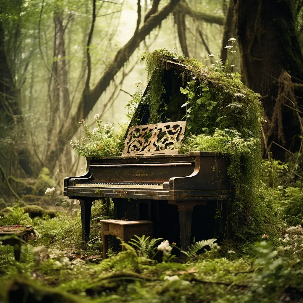 Decaying grand piano surrounded by wildflowers in a lush forest - Image 4