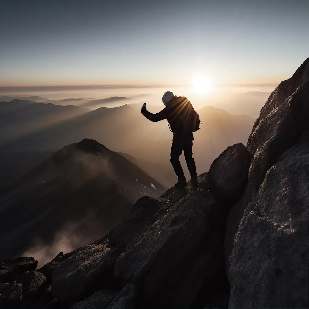 Person reaching a mountaintop with sunrise in the background - Image 1