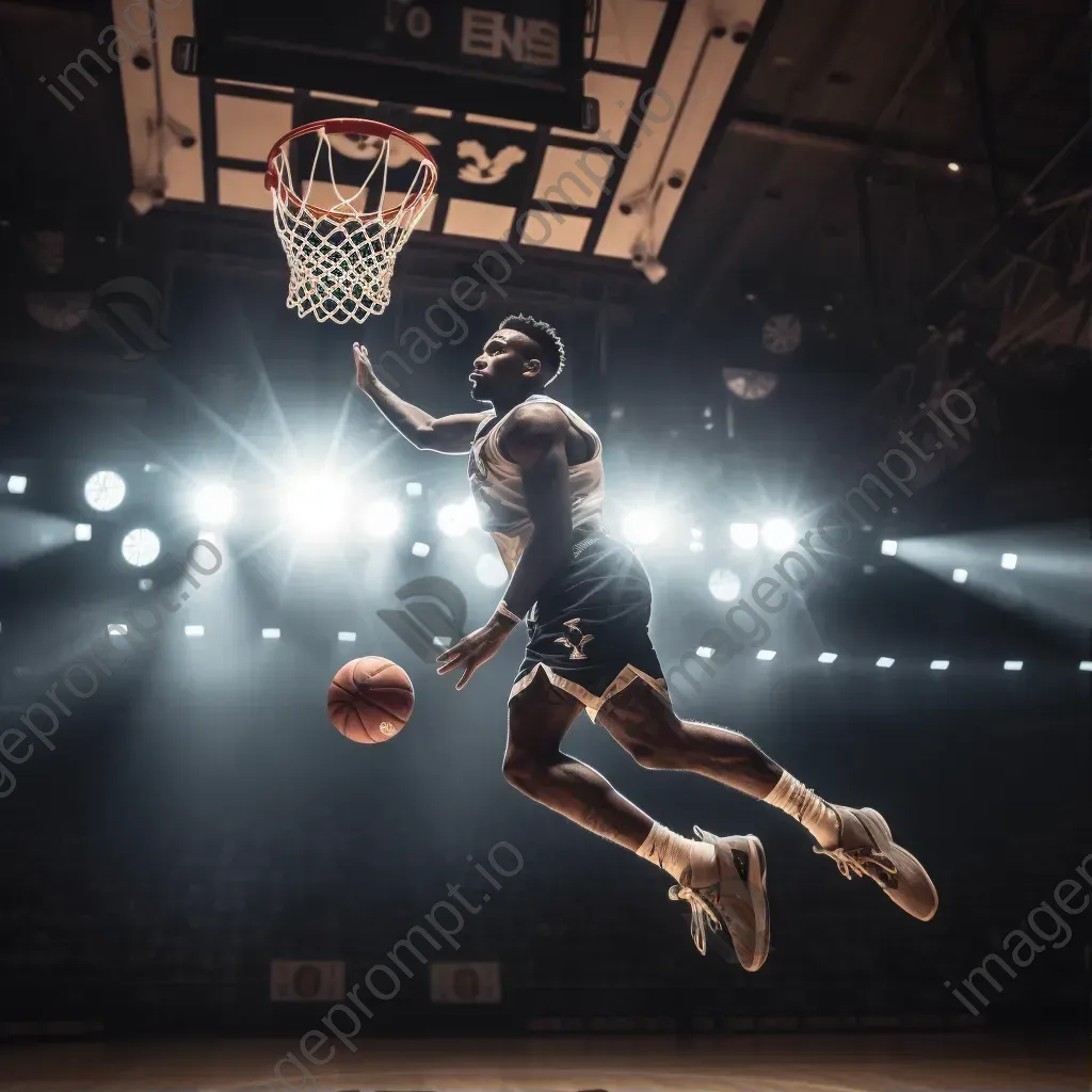 Basketball player jumping for a dunk in arena lights - Image 1