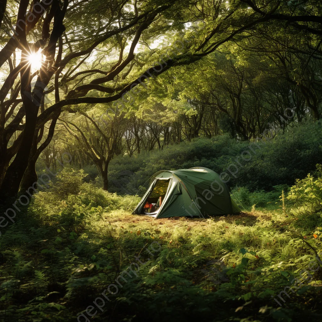 Overgrown tent in an abandoned campsite surrounded by trees and grass - Image 1