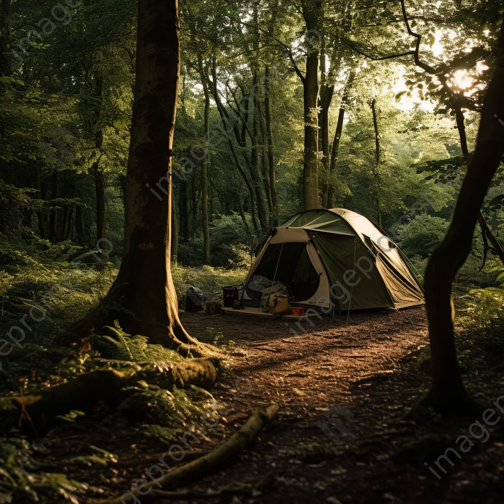 Overgrown tent in an abandoned campsite surrounded by trees and grass - Image 2