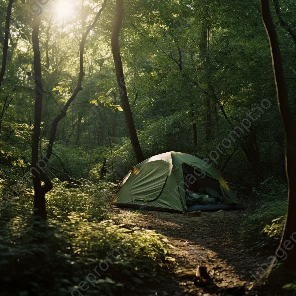 Overgrown tent in an abandoned campsite surrounded by trees and grass - Image 3