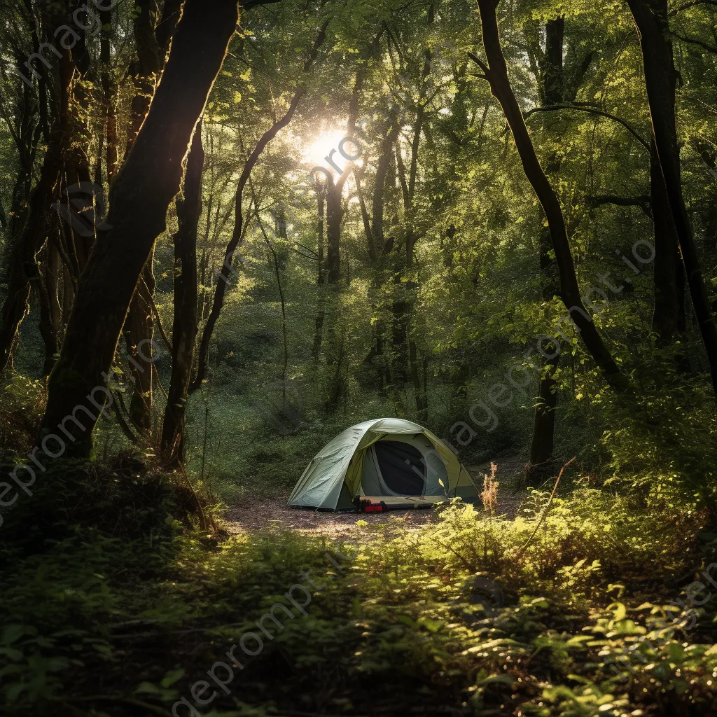 Overgrown tent in an abandoned campsite surrounded by trees and grass - Image 4