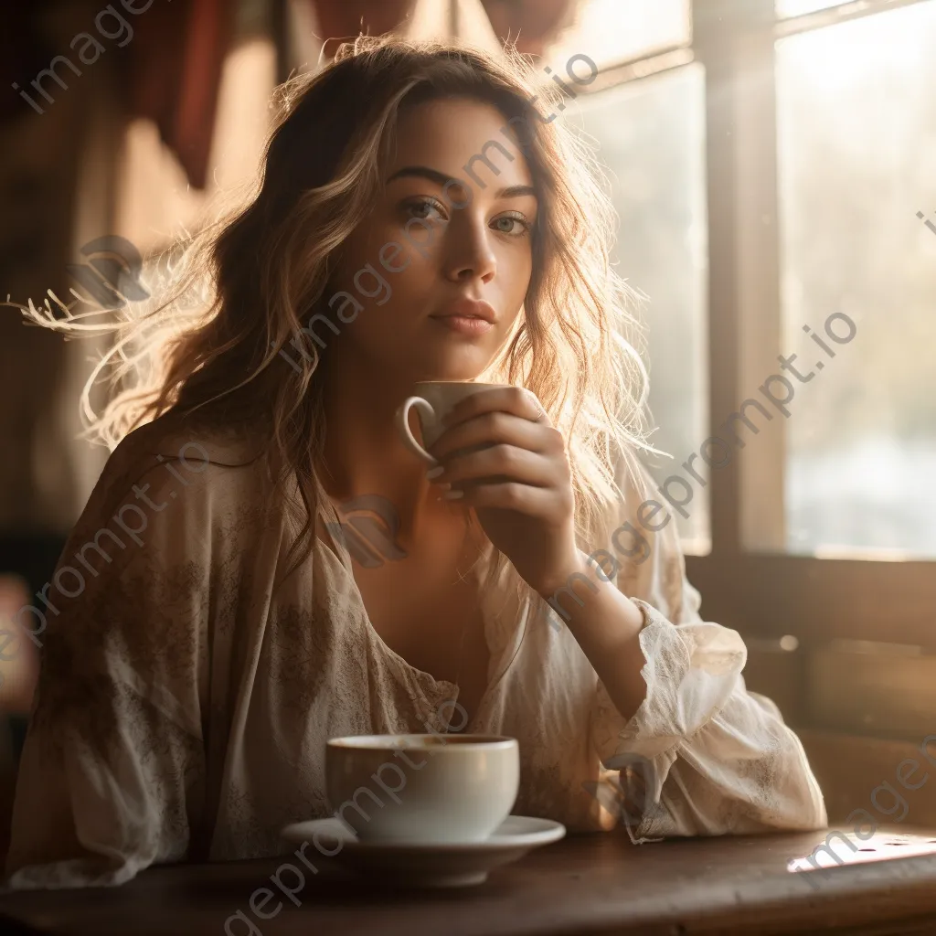 Young woman savoring a latte art in a sunlit café. - Image 1