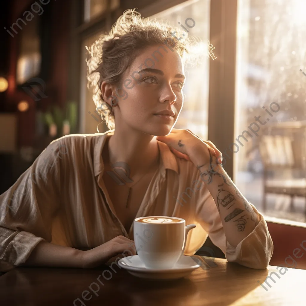 Young woman savoring a latte art in a sunlit café. - Image 2