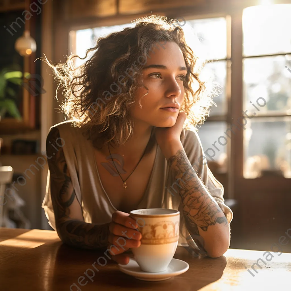 Young woman savoring a latte art in a sunlit café. - Image 3