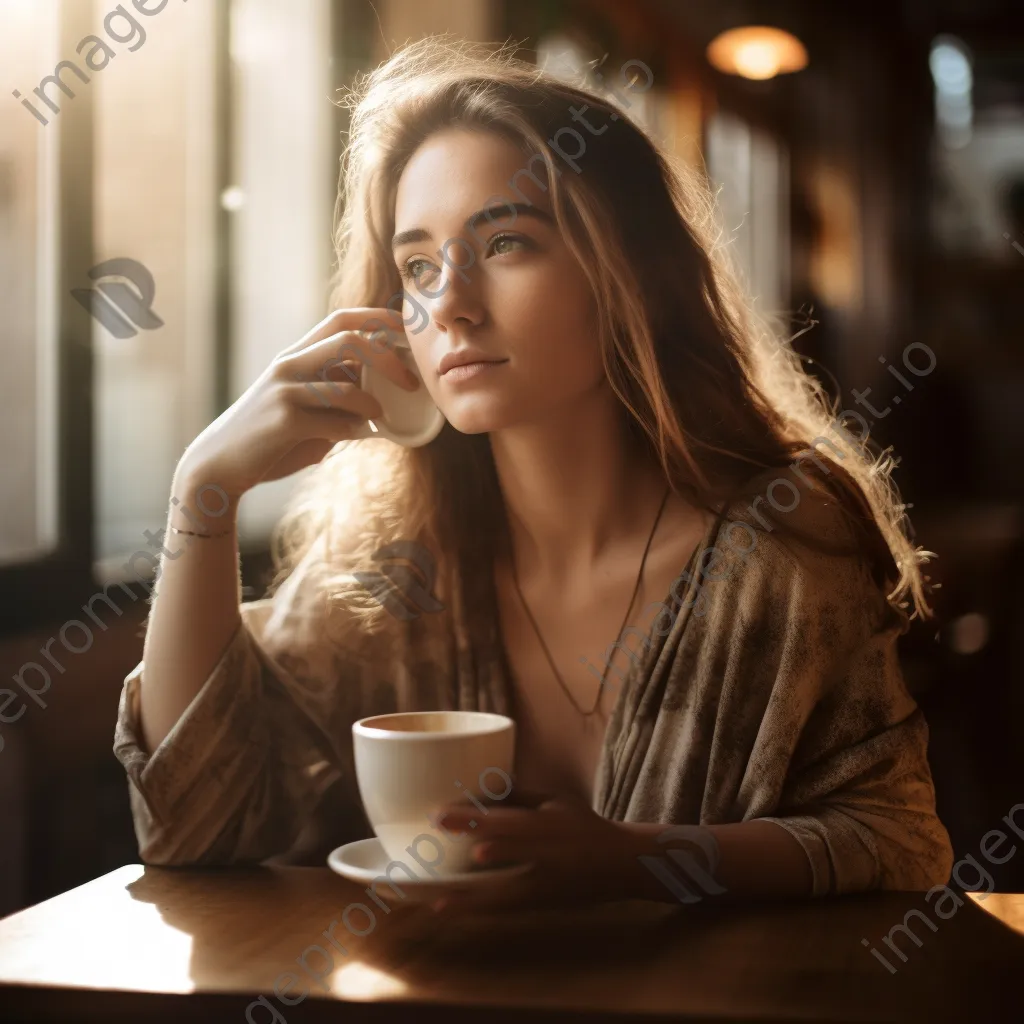 Young woman savoring a latte art in a sunlit café. - Image 4