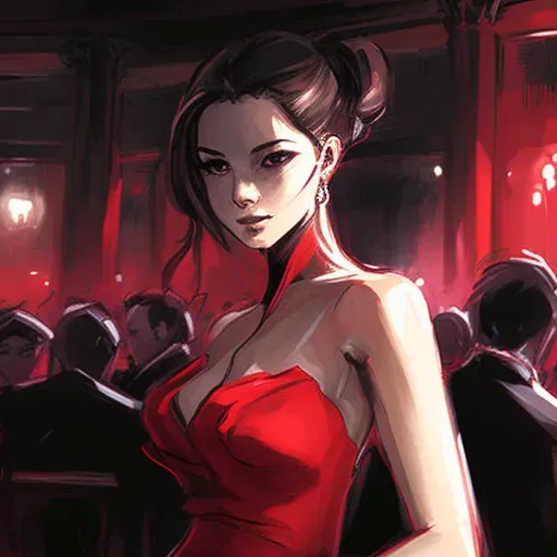 Intriguing illustration of a woman in a red dress in a smoky jazz club - Image 1