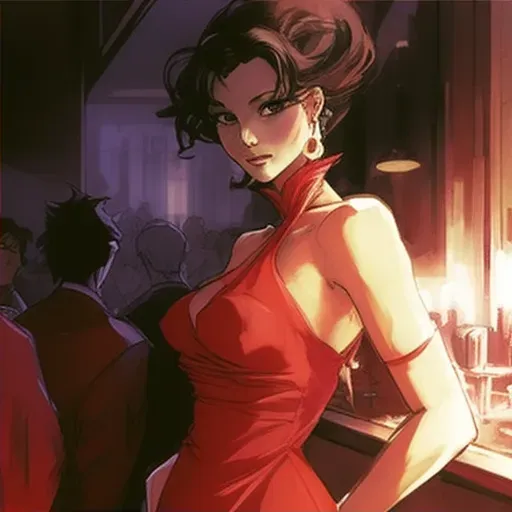 Intriguing illustration of a woman in a red dress in a smoky jazz club - Image 2