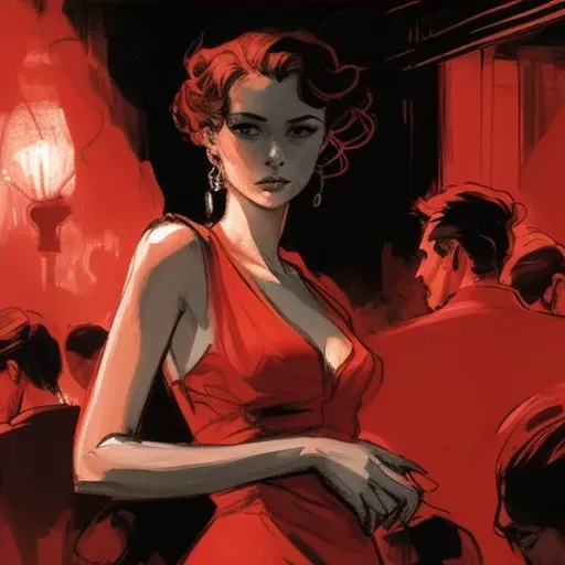 Intriguing illustration of a woman in a red dress in a smoky jazz club - Image 4