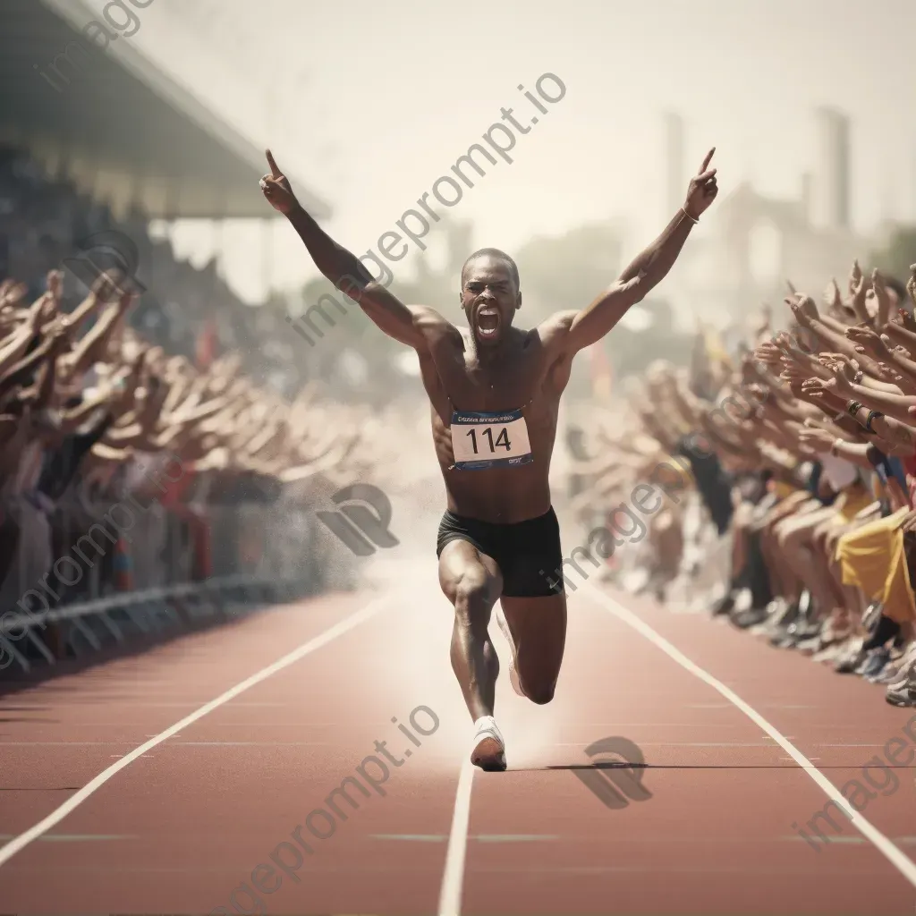 Sprinter crossing the finish line in victory with a cheering crowd. - Image 1