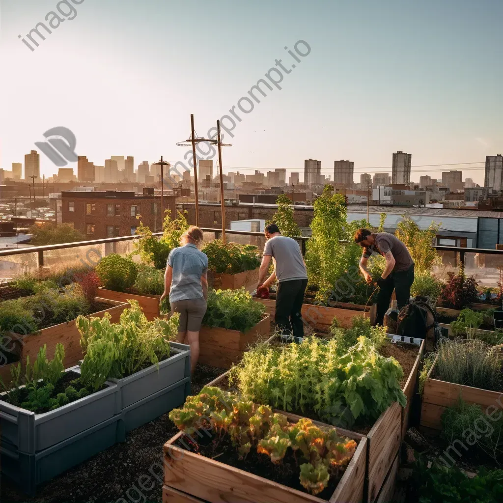 Community gardening on urban rooftops with city skyline in the background - Image 2