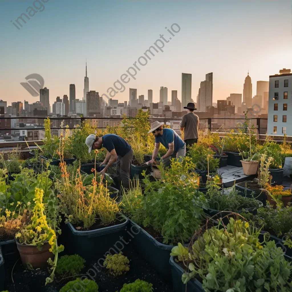 Community gardening on urban rooftops with city skyline in the background - Image 3