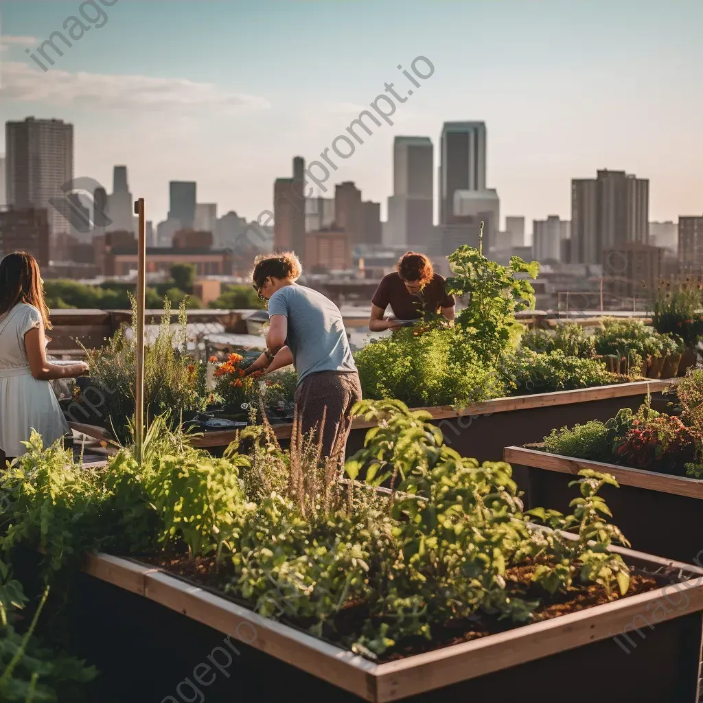 Community gardening on urban rooftops with city skyline in the background - Image 4