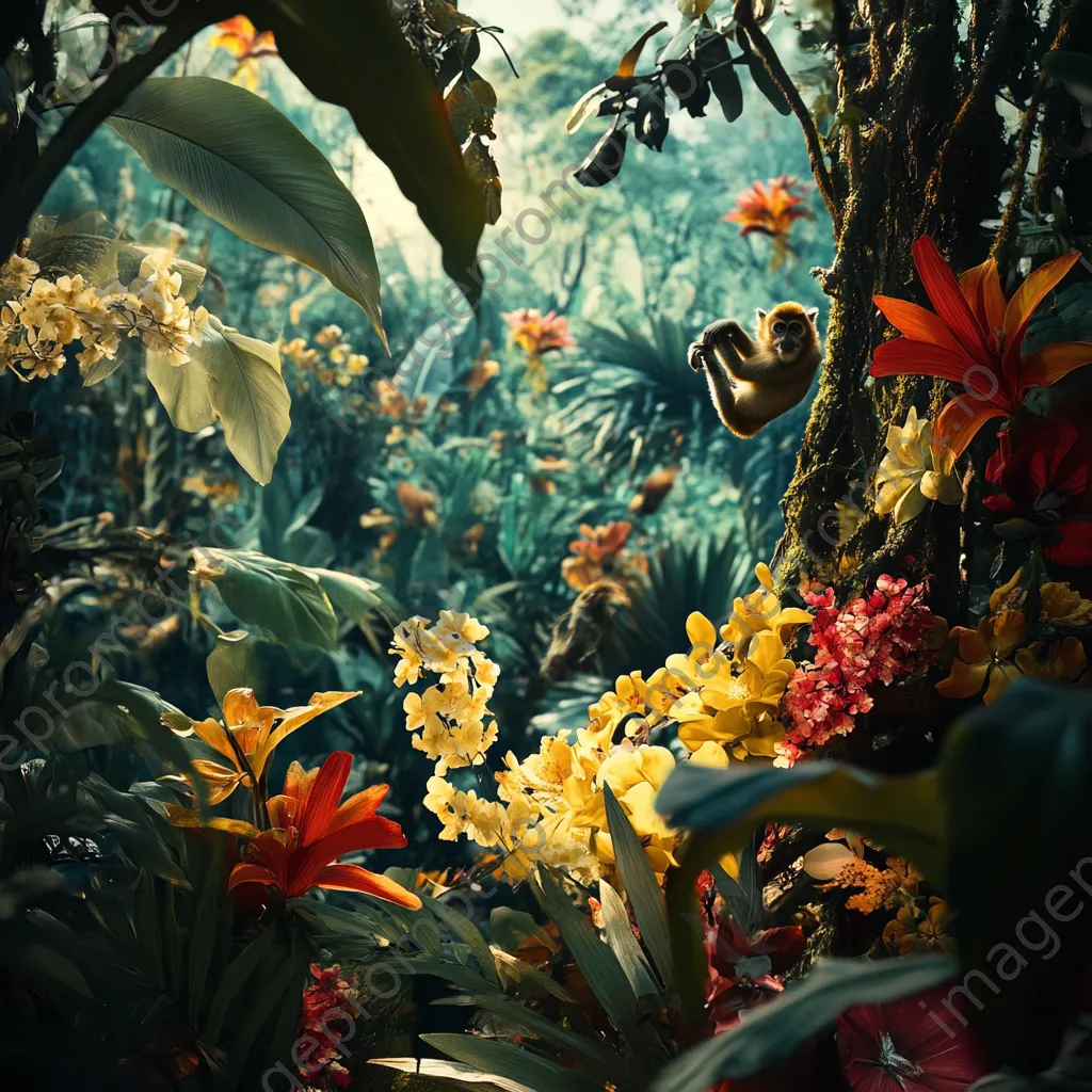 Vibrant jungle habitat with diverse wildlife and flowers - Image 1