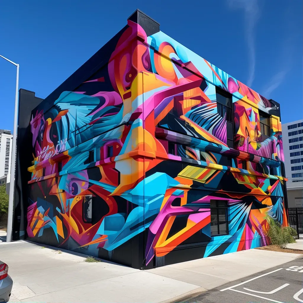 Graffiti mural on a city building with abstract shapes and bold letters - Image 1