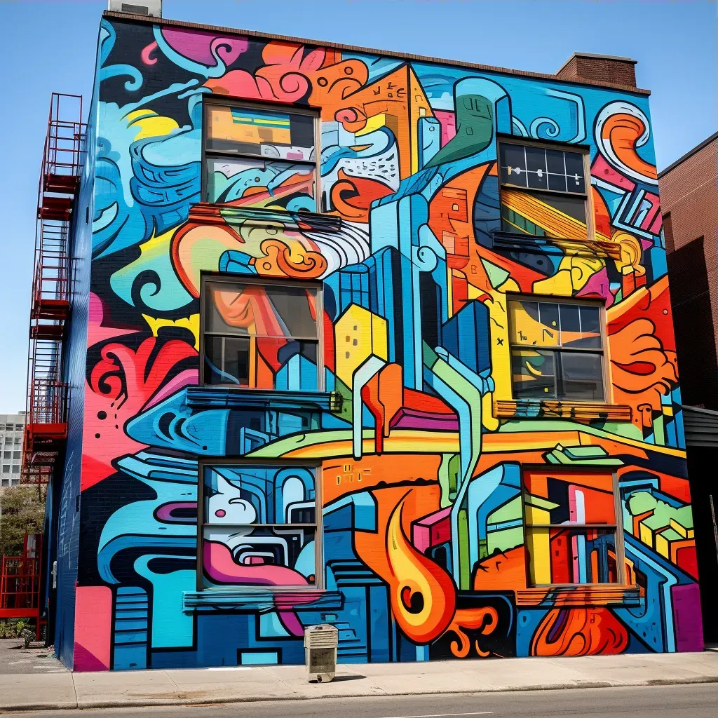 Graffiti mural on a city building with abstract shapes and bold letters - Image 3