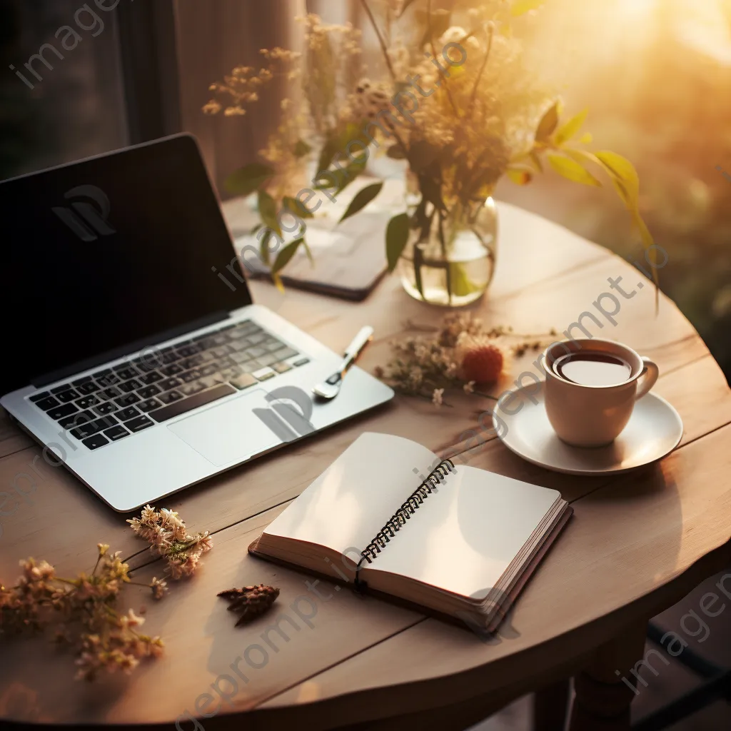 Flat lay of a laptop, notepad, and coffee in a cozy workspace with natural light. - Image 1