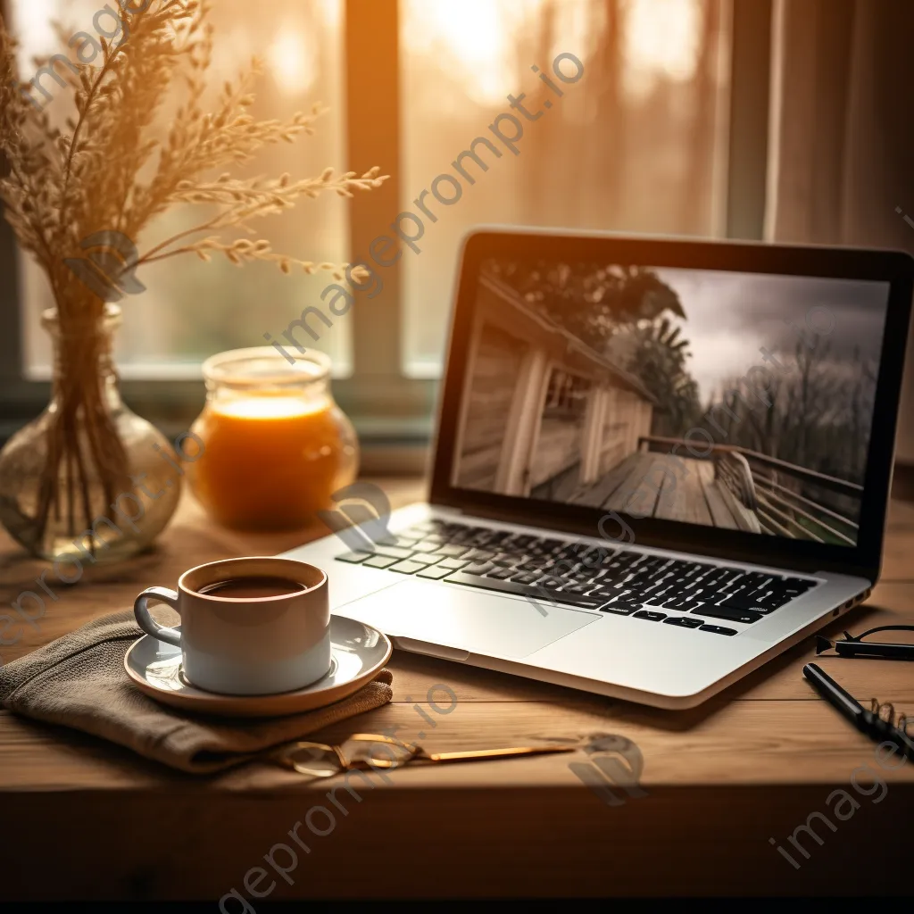 Flat lay of a laptop, notepad, and coffee in a cozy workspace with natural light. - Image 2