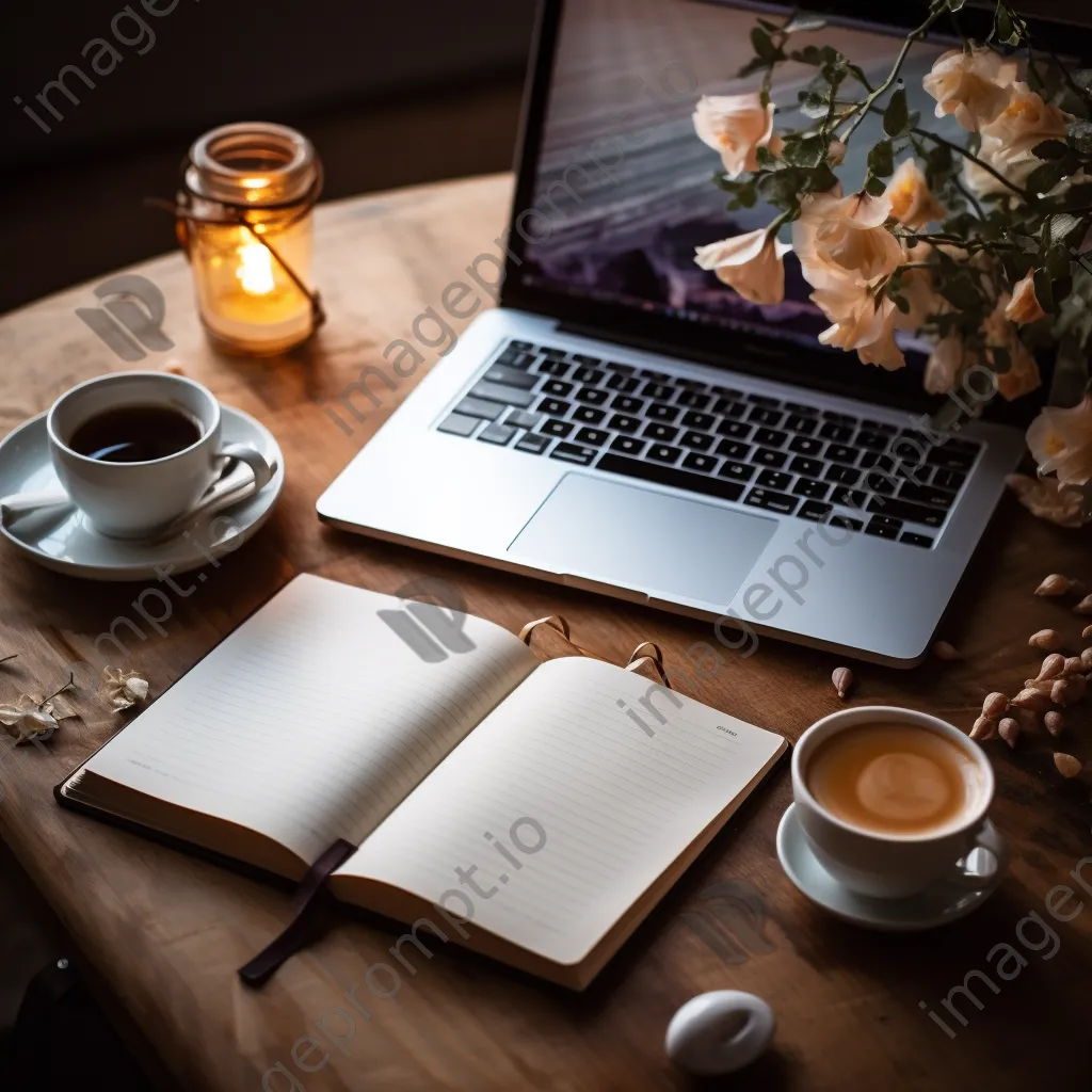 Flat lay of a laptop, notepad, and coffee in a cozy workspace with natural light. - Image 4