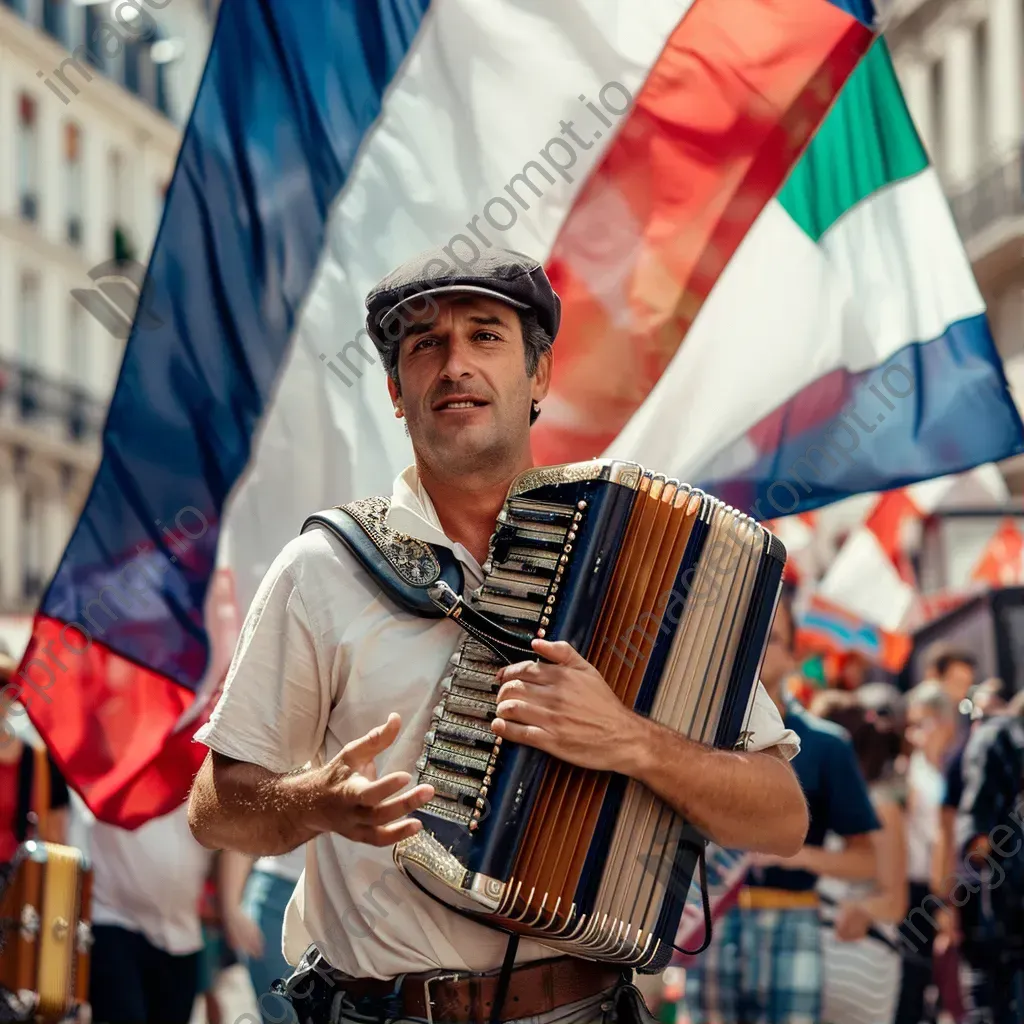 Bastille Day celebration with French flags and street performers - Image 1