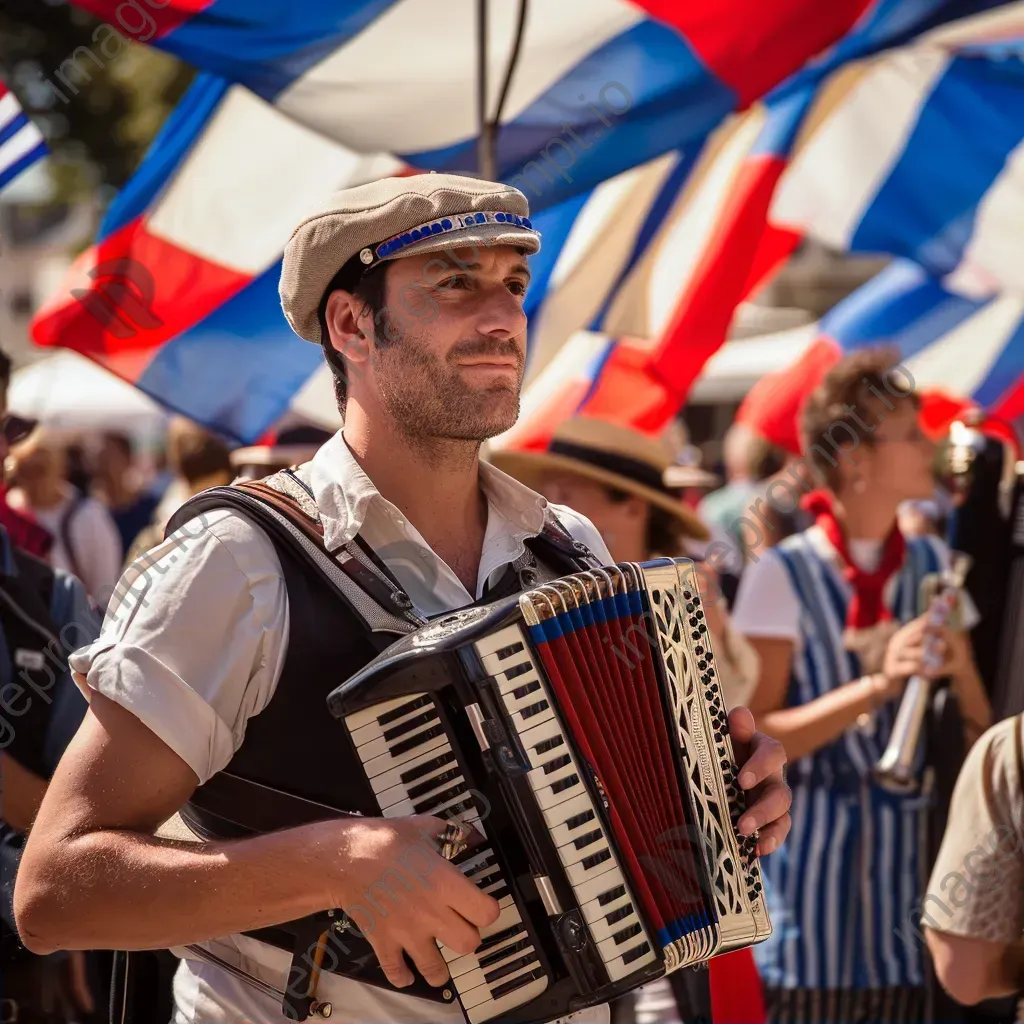 Bastille Day celebration with French flags and street performers - Image 2