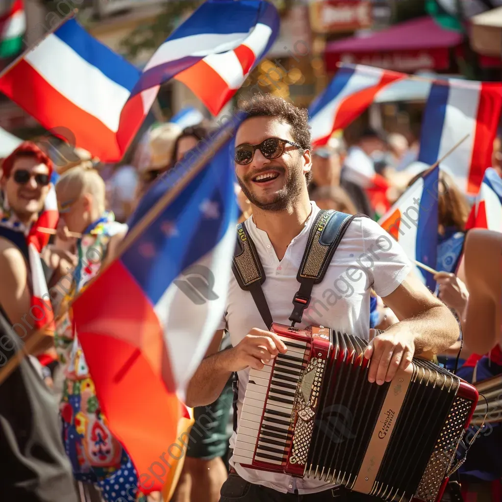 Bastille Day celebration with French flags and street performers - Image 3